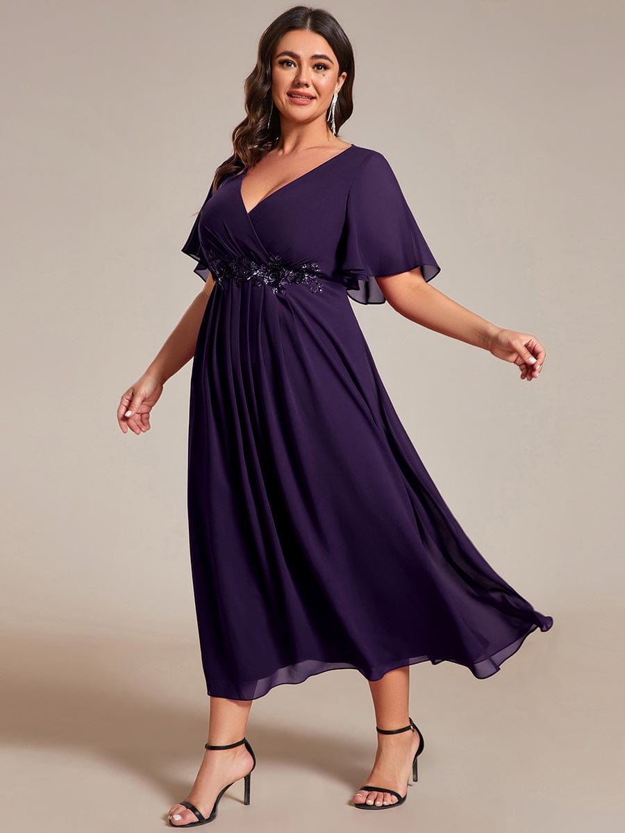 Plus Size V-Neck Chiffon Wedding Guest Dress with Waist Applique #color_Dark Purple