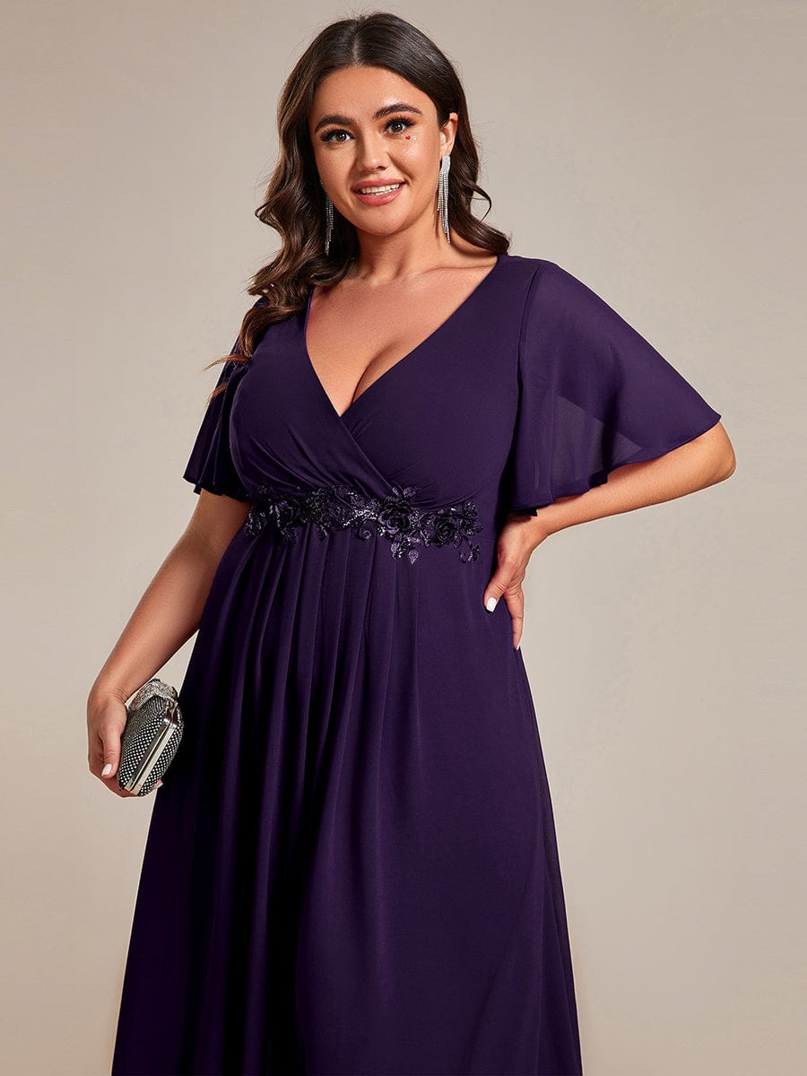 V-Neck Chiffon Wedding Guest Dress with Waist Applique #color_Dark Purple