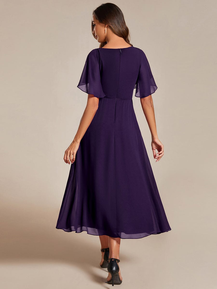 V-Neck Chiffon Wedding Guest Dress with Waist Applique #color_Dark Purple