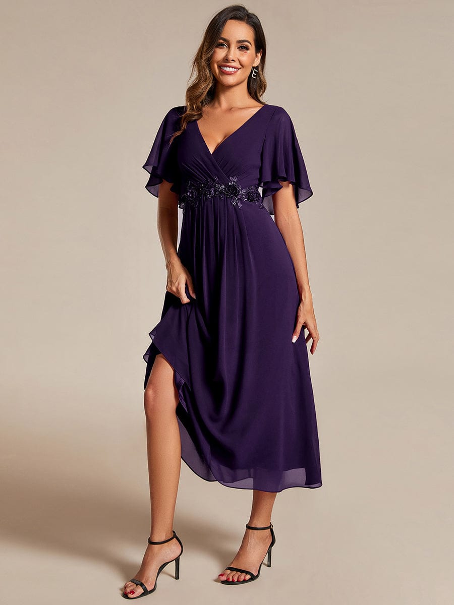 V-Neck Chiffon Wedding Guest Dress with Waist Applique #color_Dark Purple