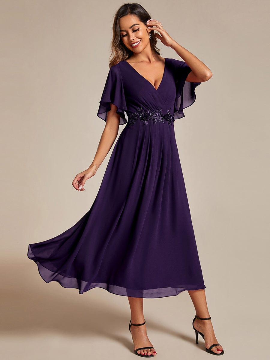 V-Neck Chiffon Wedding Guest Dress with Waist Applique #color_Dark Purple