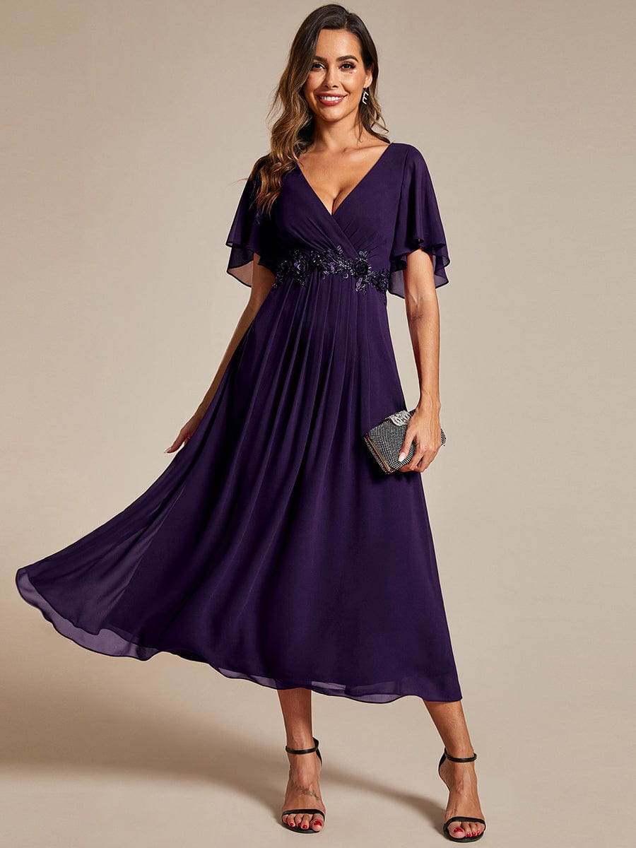 V-Neck Chiffon Wedding Guest Dress with Waist Applique #color_Dark Purple