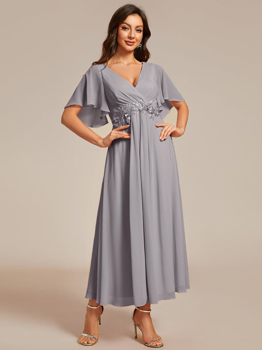 V-Neck Chiffon Wedding Guest Dress with Waist Applique #color_Grey