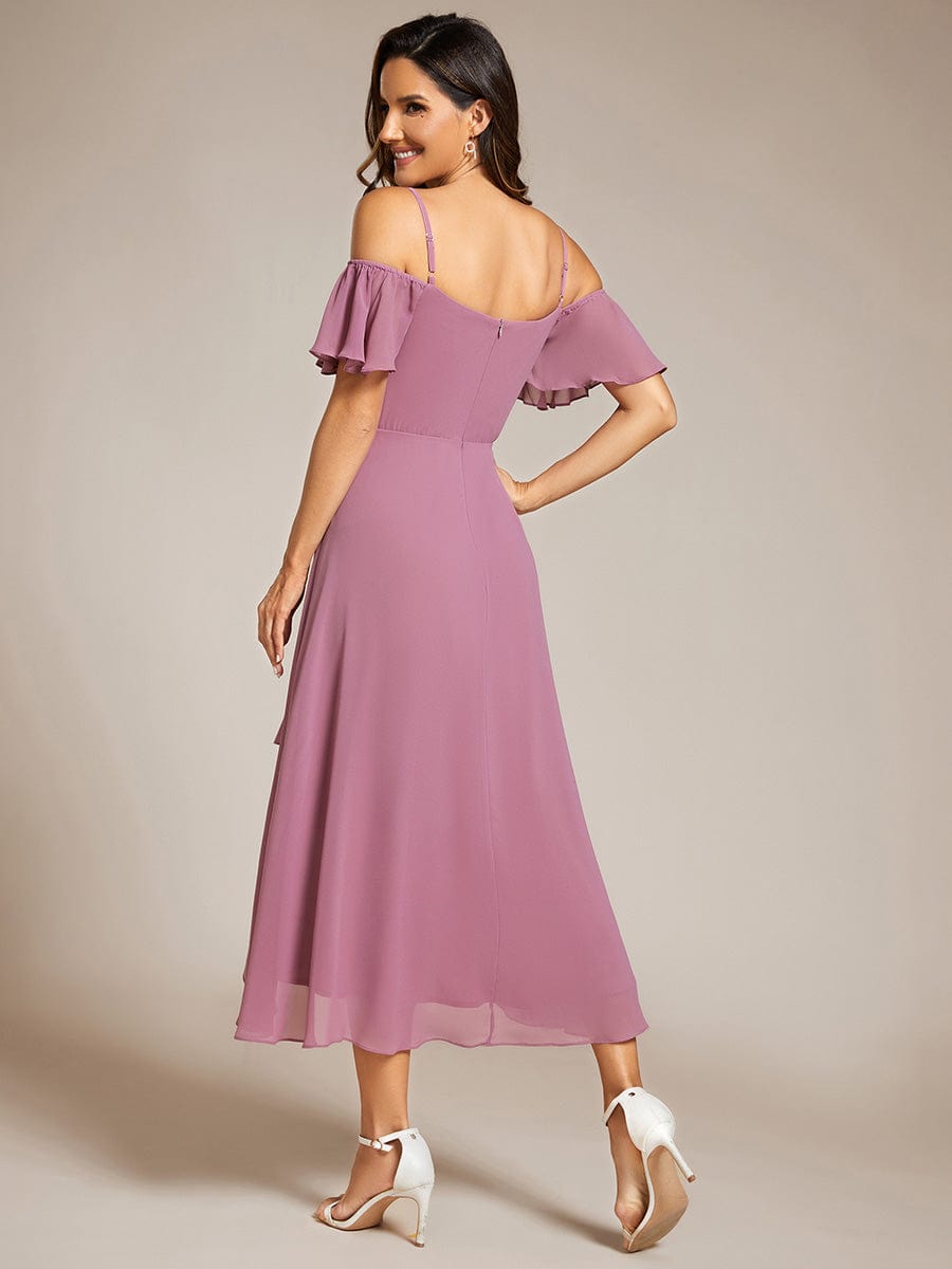 One-Shoulder High-Low Chiffon Wedding Guest Dresses with Short Sleeves #color_Purple Orchid