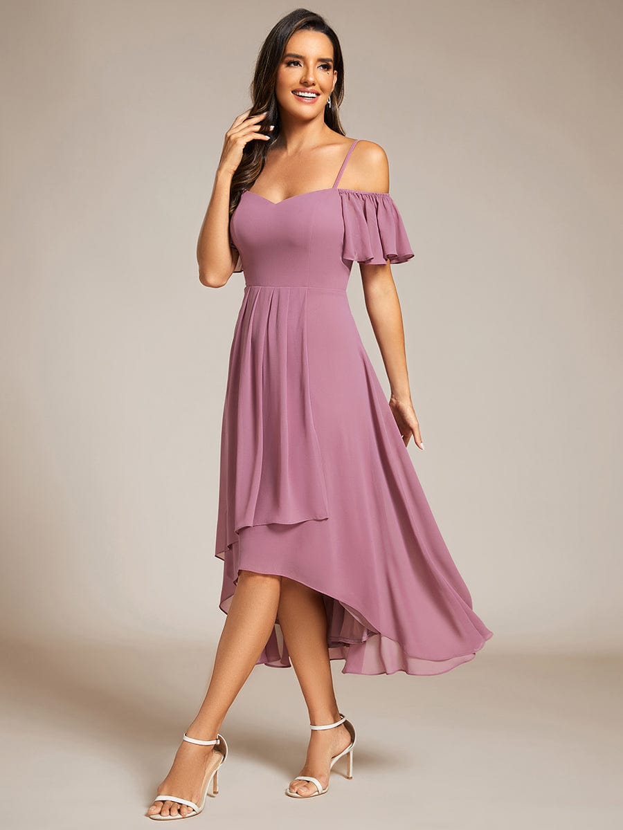 One-Shoulder High-Low Chiffon Wedding Guest Dresses with Short Sleeves #color_Purple Orchid