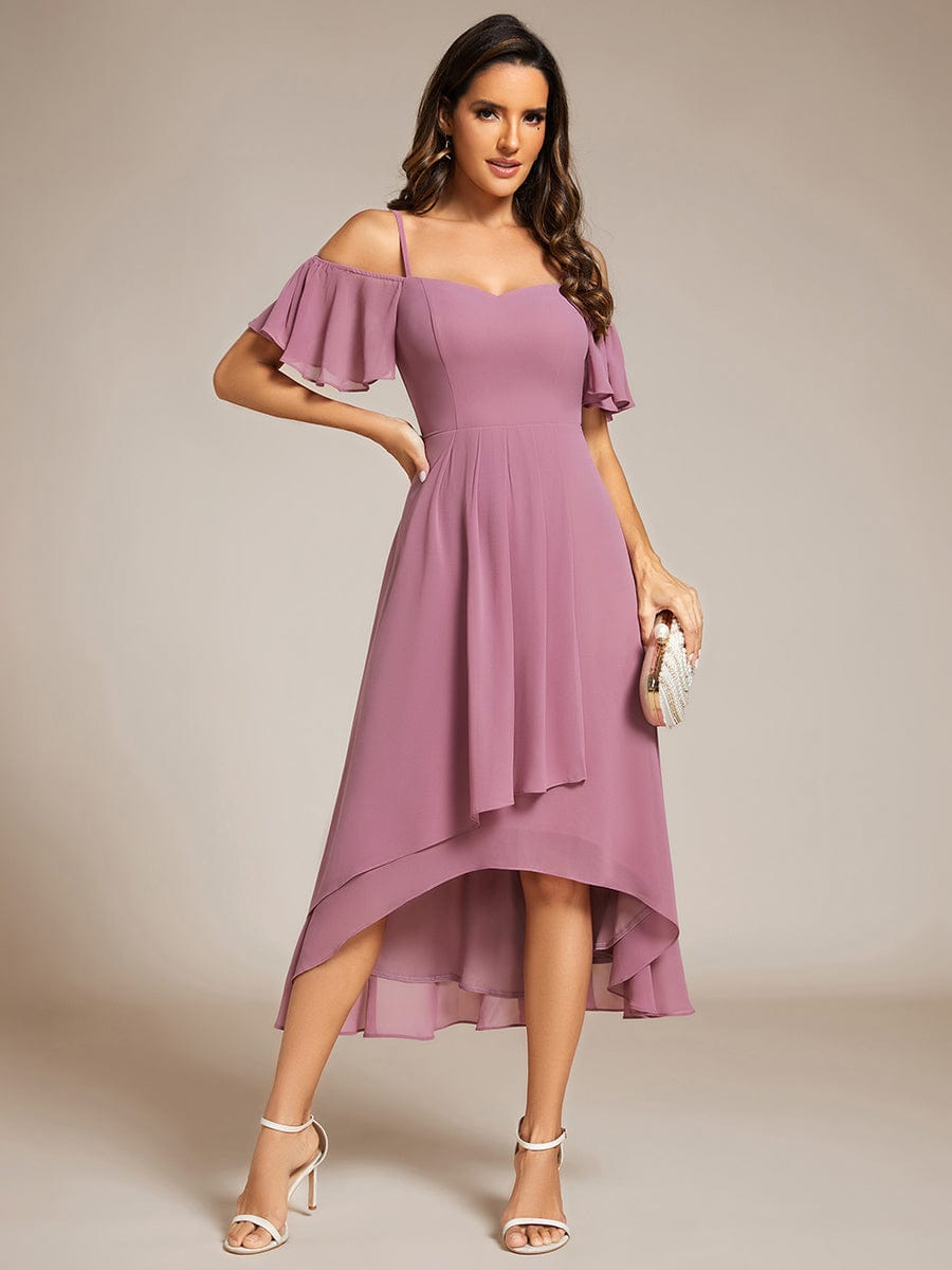 One-Shoulder High-Low Chiffon Wedding Guest Dresses with Short Sleeves #color_Purple Orchid