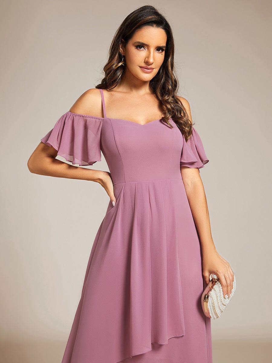 One-Shoulder High-Low Chiffon Wedding Guest Dresses with Short Sleeves #color_Purple Orchid