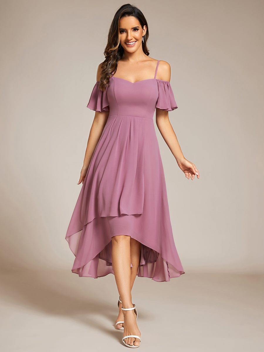 One-Shoulder High-Low Chiffon Wedding Guest Dresses with Short Sleeves #color_Purple Orchid