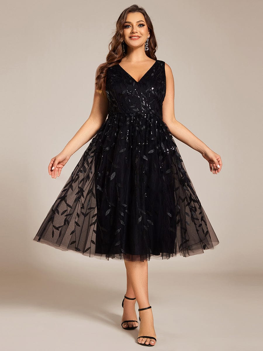 Sequined V-Neck A-Line Midi Wedding Guest Dress with Sleeveless #color_Black