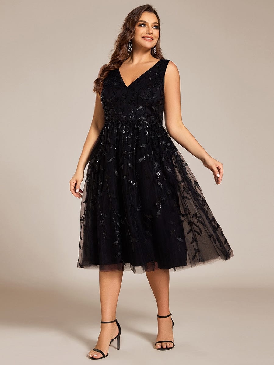 Sequined V-Neck A-Line Midi Wedding Guest Dress with Sleeveless #color_Black