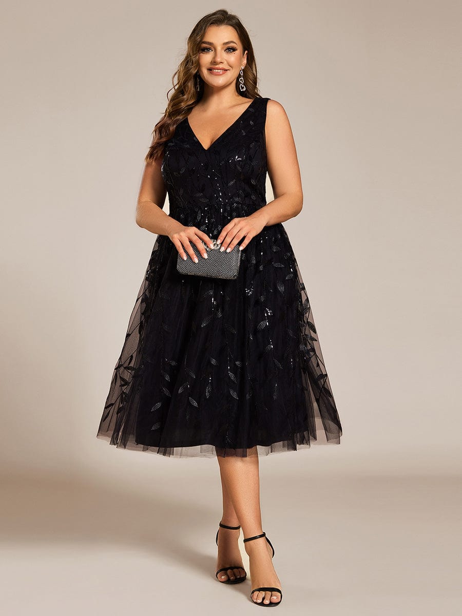 Sequined V-Neck A-Line Midi Wedding Guest Dress with Sleeveless #color_Black