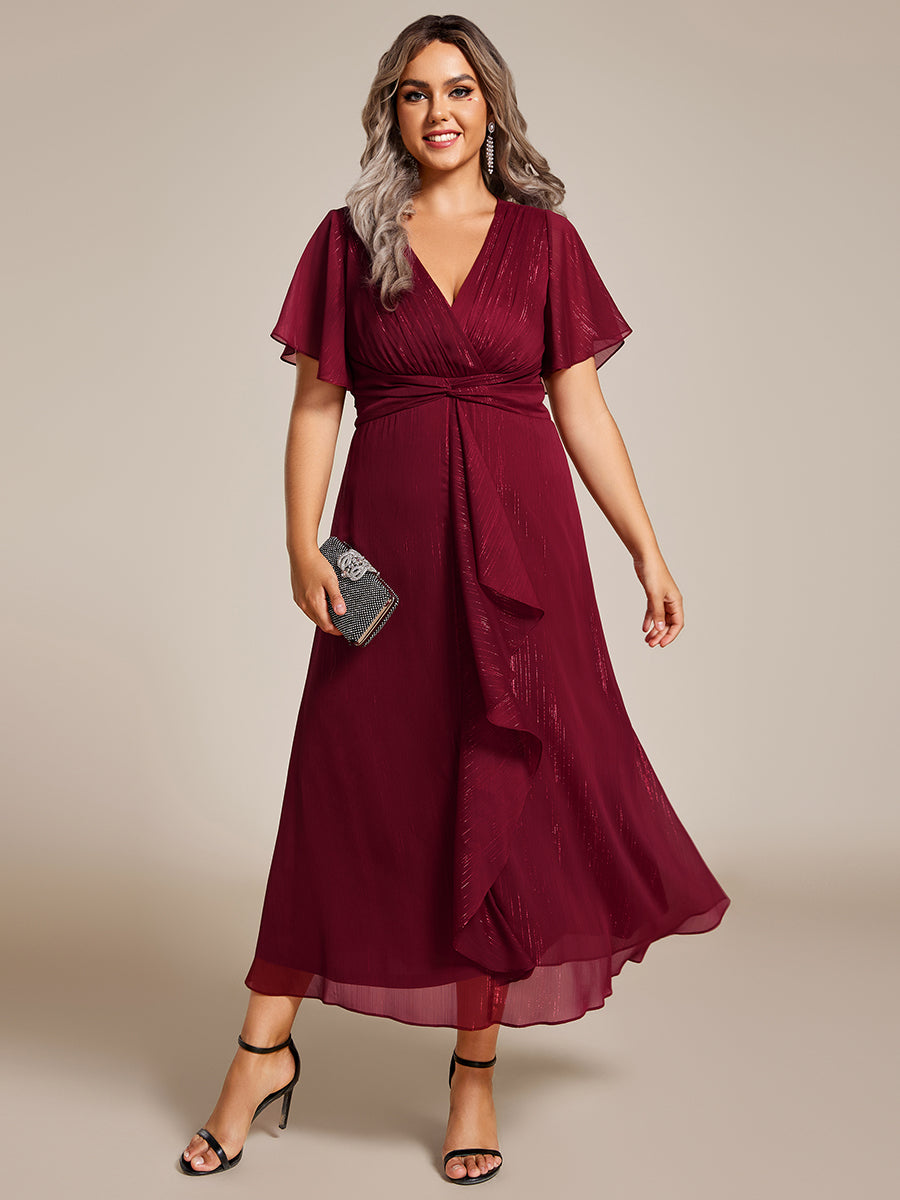 Plus Size Metallic Silver Fabric Short-Sleeved V-Neck A-Line Dress with Ruffled Hem #color_Burgundy
