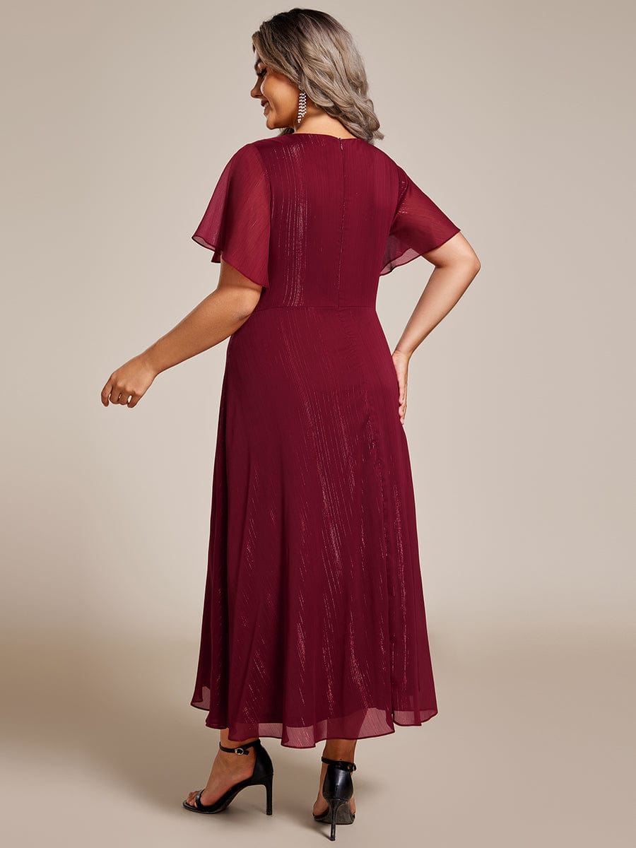 Plus Size Metallic Silver Fabric Short-Sleeved V-Neck A-Line Dress with Ruffled Hem #color_Burgundy