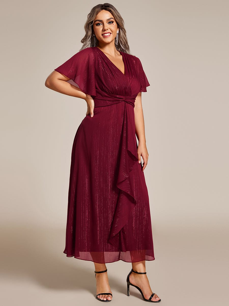 Plus Size Metallic Silver Fabric Short-Sleeved V-Neck A-Line Dress with Ruffled Hem #color_Burgundy