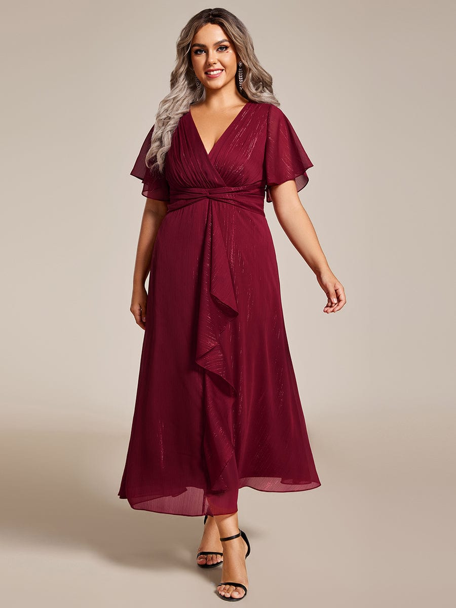 Plus Size Metallic Silver Fabric Short-Sleeved V-Neck A-Line Dress with Ruffled Hem #color_Burgundy