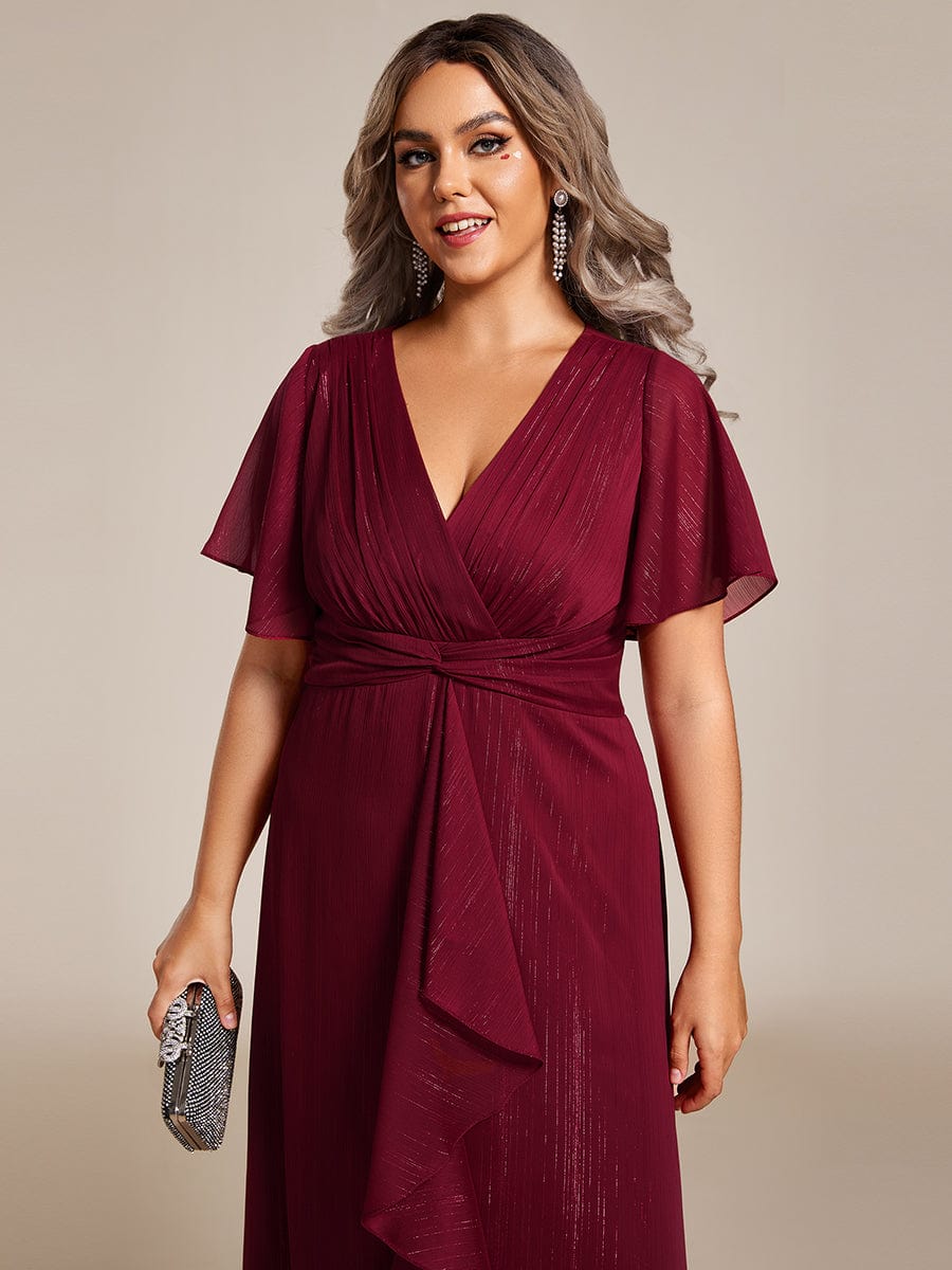 Plus Size Metallic Silver Fabric Short-Sleeved V-Neck A-Line Dress with Ruffled Hem #color_Burgundy