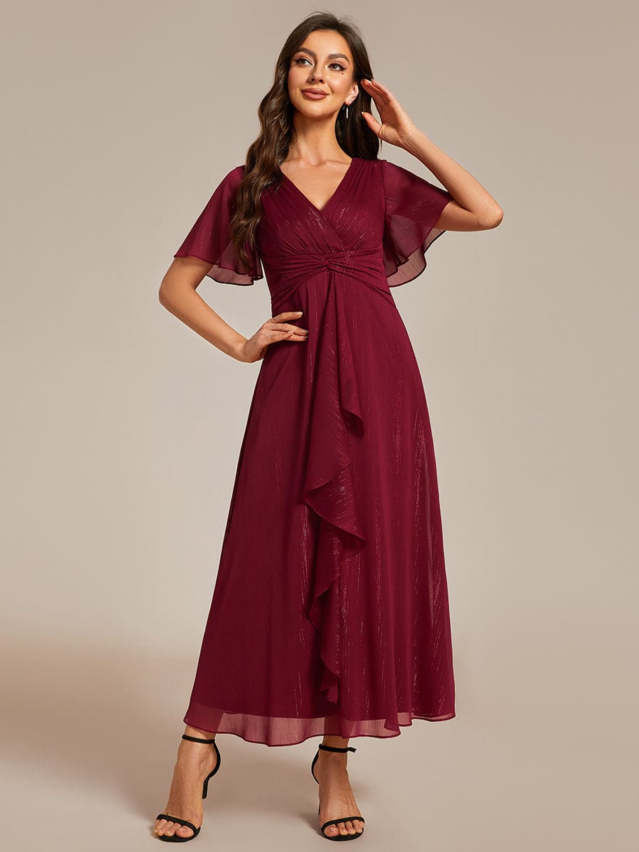 Metallic Silver Fabric Short-Sleeved V-Neck A-Line Dress with Ruffled Hem #color_Burgundy