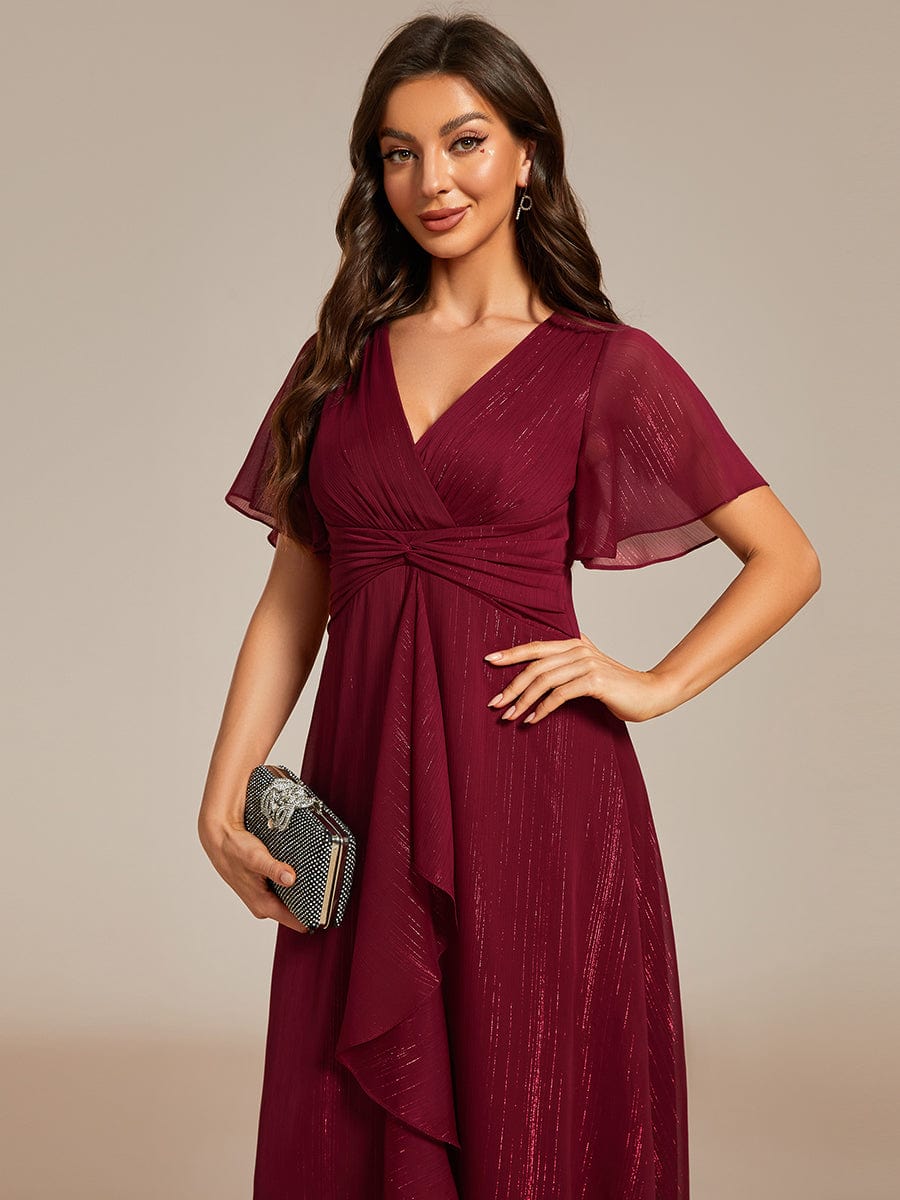 Metallic Silver Fabric Short-Sleeved V-Neck A-Line Dress with Ruffled Hem #color_Burgundy