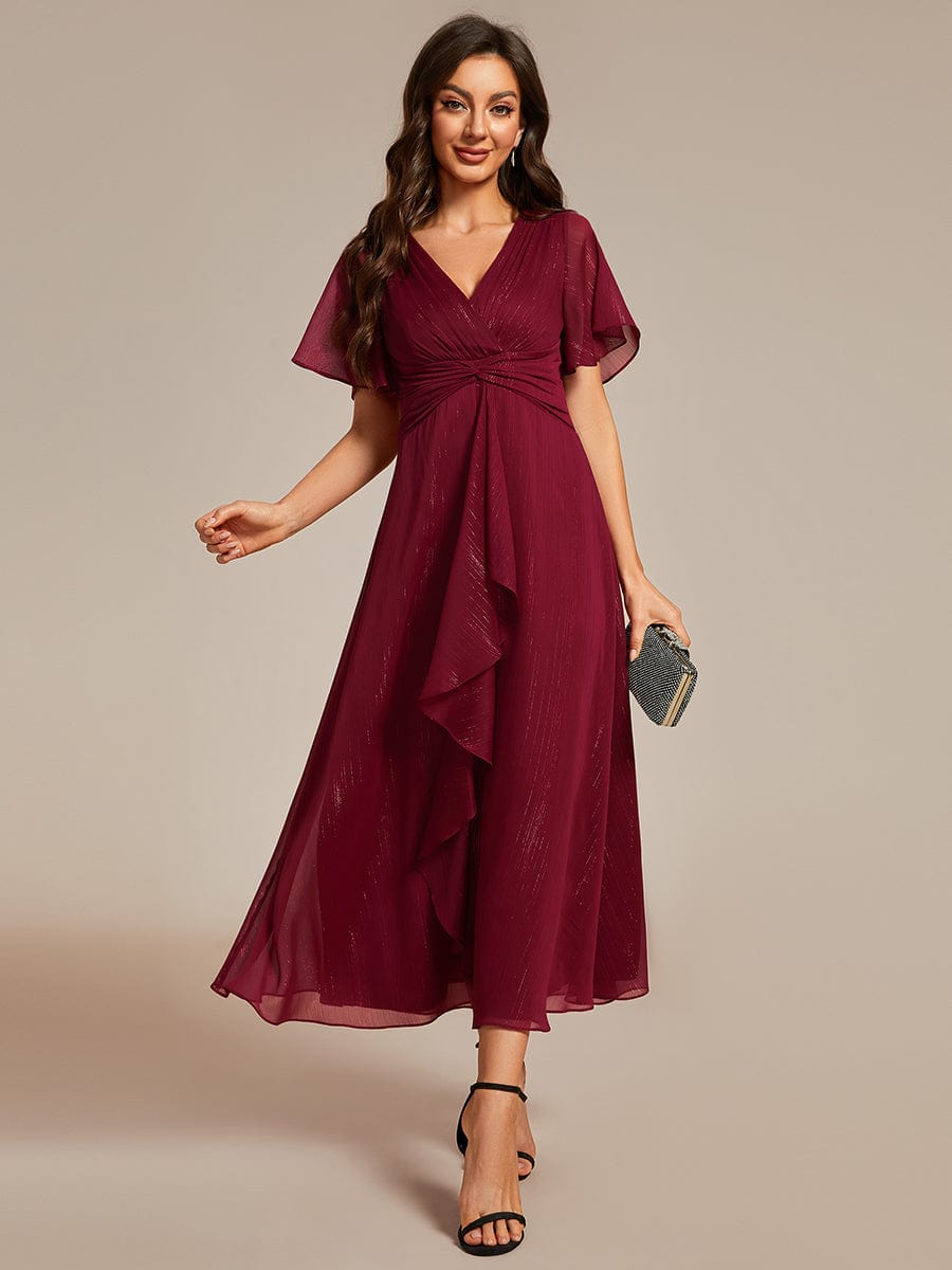 Metallic Silver Fabric Short-Sleeved V-Neck A-Line Dress with Ruffled Hem #color_Burgundy