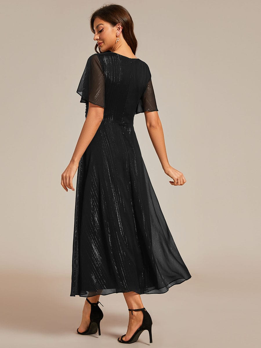 Shimmering Long Sleeve V-Neck Chiffon Twist Knot A-Line Evening Dress #color_Black