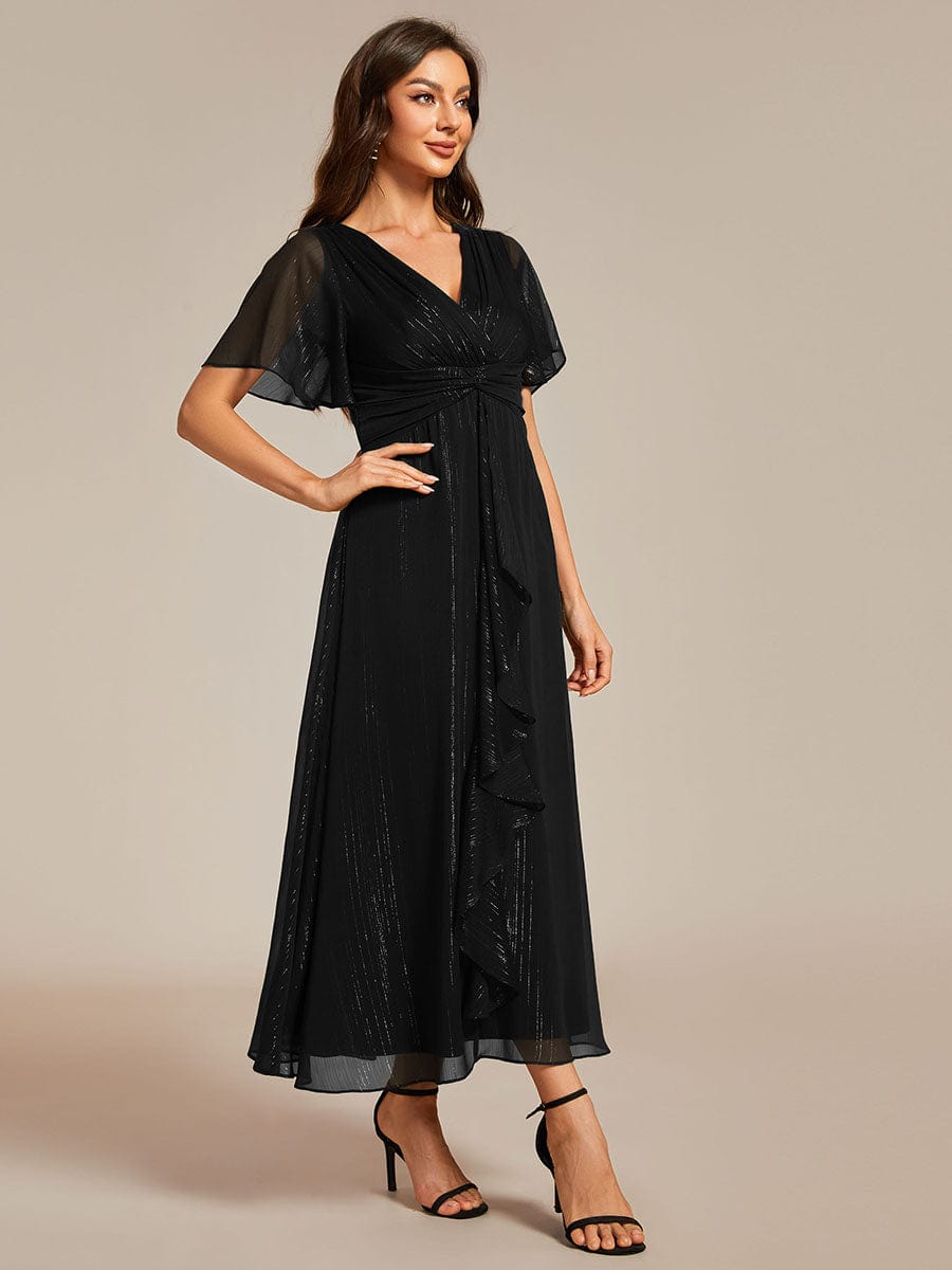 Shimmering Long Sleeve V-Neck Chiffon Twist Knot A-Line Evening Dress #color_Black