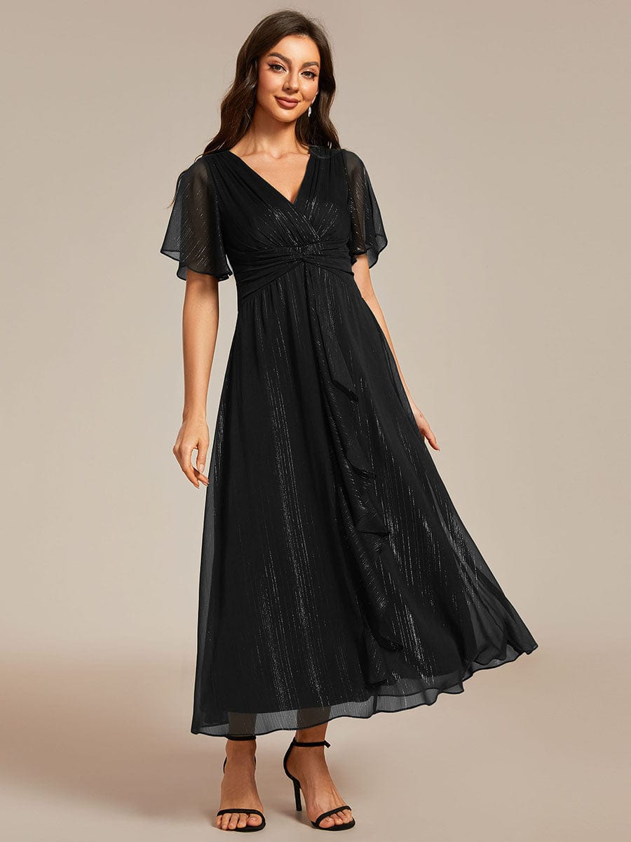 Shimmering Long Sleeve V-Neck Chiffon Twist Knot A-Line Evening Dress #color_Black