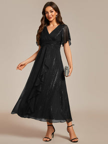 Shimmering Long Sleeve V-Neck Chiffon Twist Knot A-Line Evening Dress #color_Black