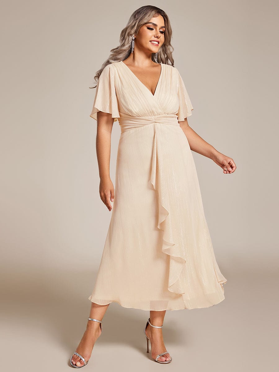 Plus Size Metallic Silver Fabric Short-Sleeved V-Neck A-Line Dress with Ruffled Hem #color_Champagne