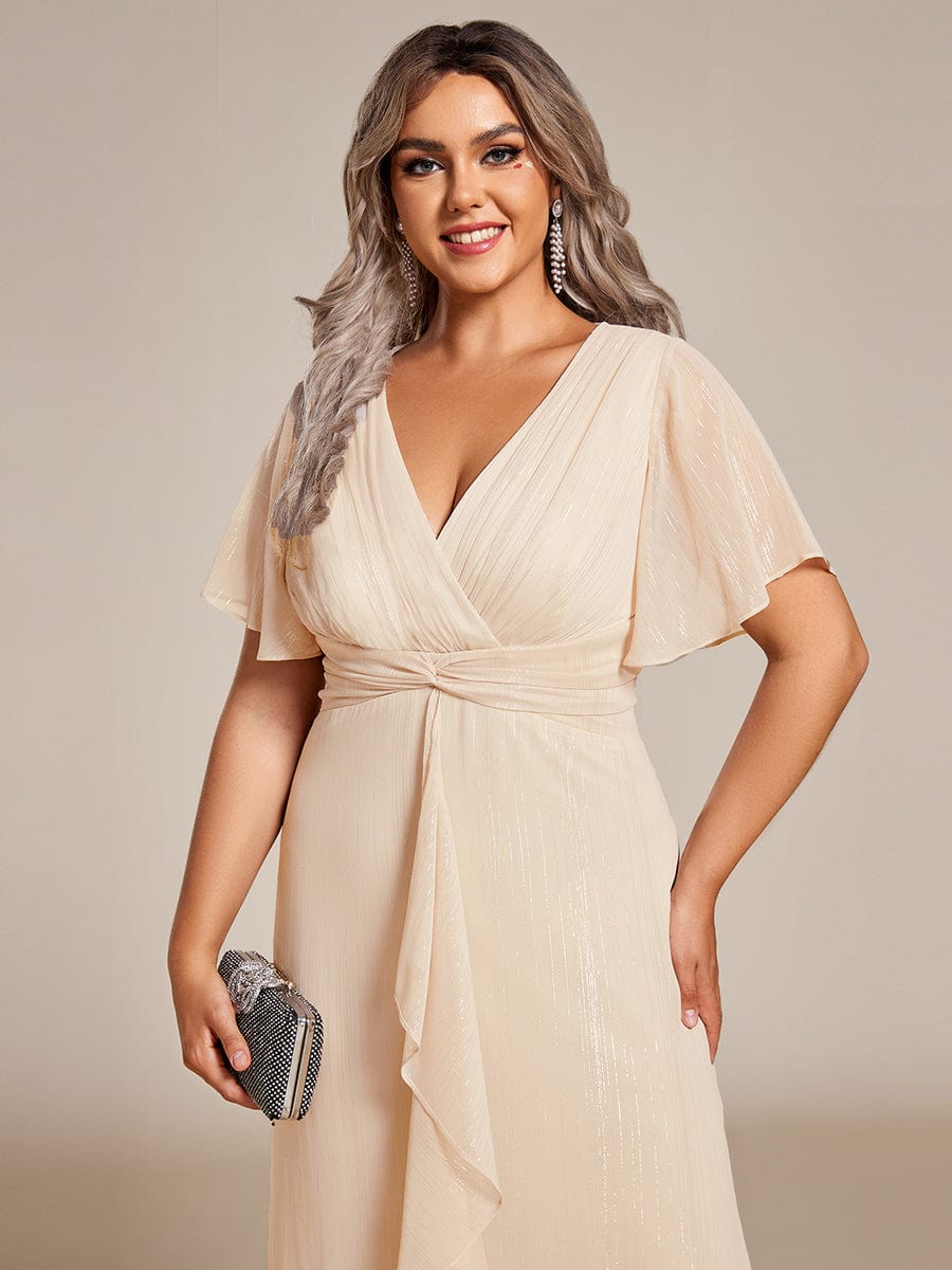 Plus Size Metallic Silver Fabric Short-Sleeved V-Neck A-Line Dress with Ruffled Hem #color_Champagne