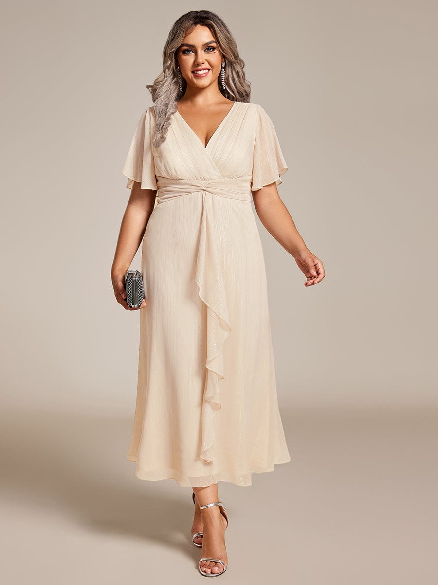 Plus Size Glitter V Neck A Line Wedding Guest Dress with Delicate Ruffled Hem Ever Pretty UK