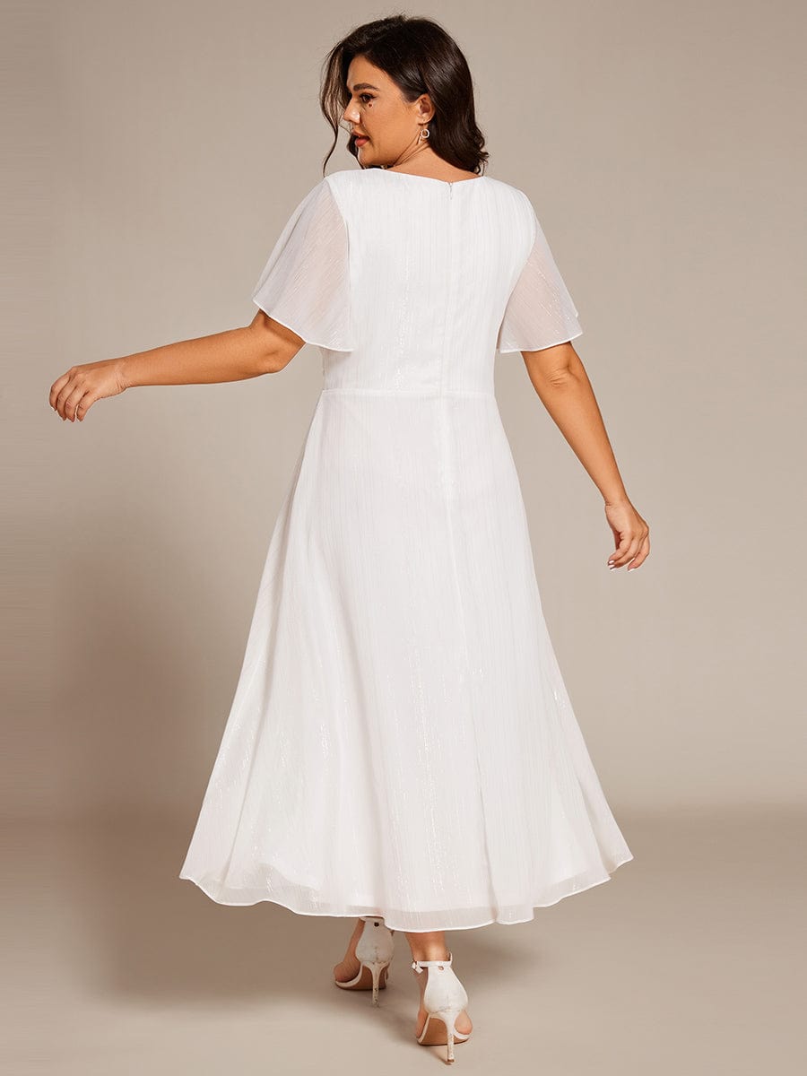 Plus Size Metallic Silver Fabric Short-Sleeved V-Neck A-Line Dress with Ruffled Hem #color_Cream