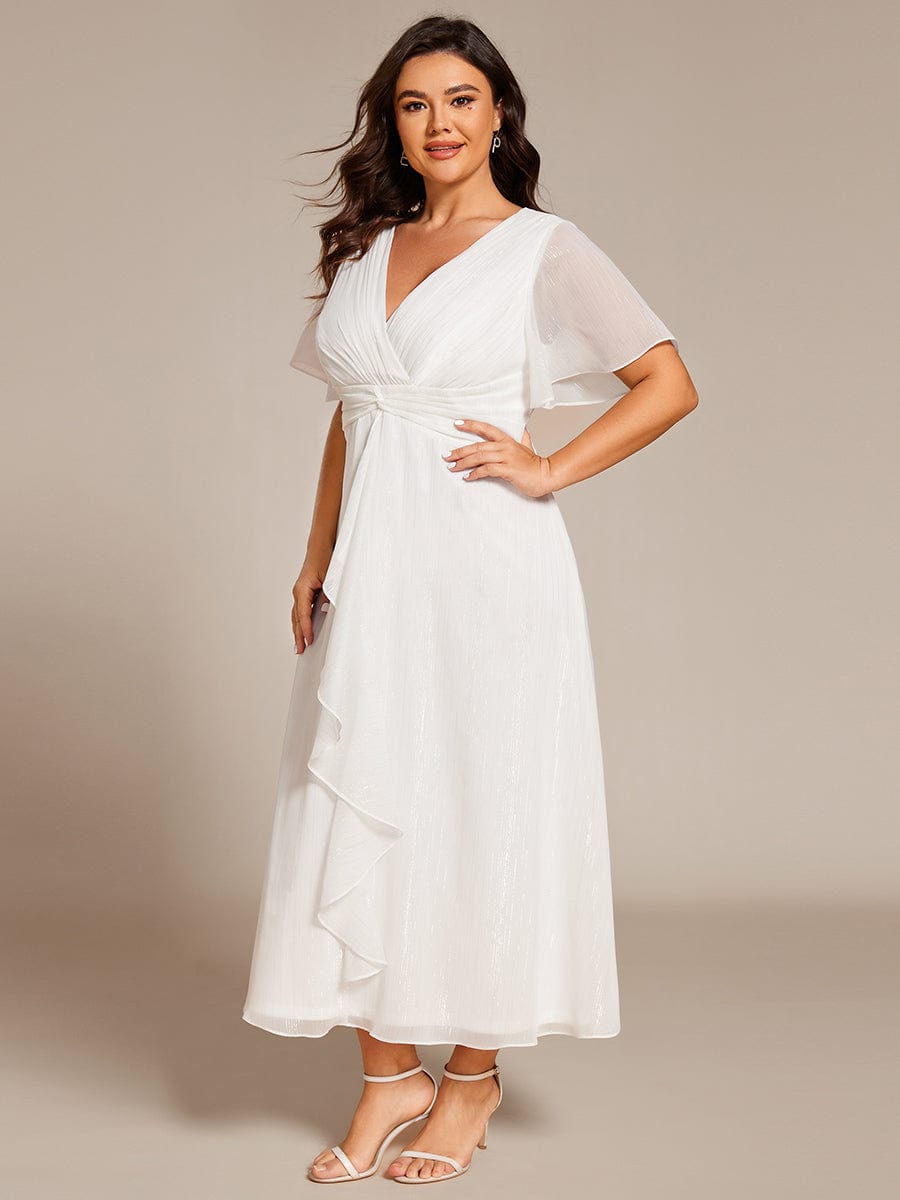 Plus Size Metallic Silver Fabric Short-Sleeved V-Neck A-Line Dress with Ruffled Hem #color_Cream