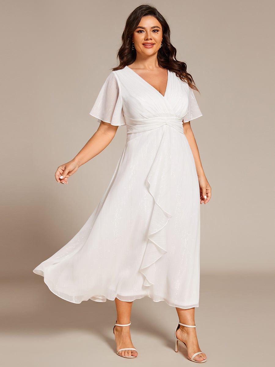 Plus Size Metallic Silver Fabric Short-Sleeved V-Neck A-Line Dress with Ruffled Hem #color_Cream