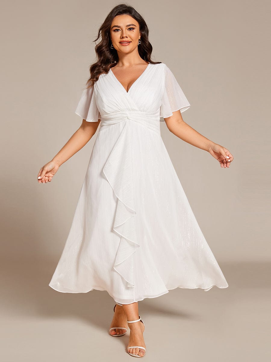 Plus Size Metallic Silver Fabric Short-Sleeved V-Neck A-Line Dress with Ruffled Hem #color_Cream