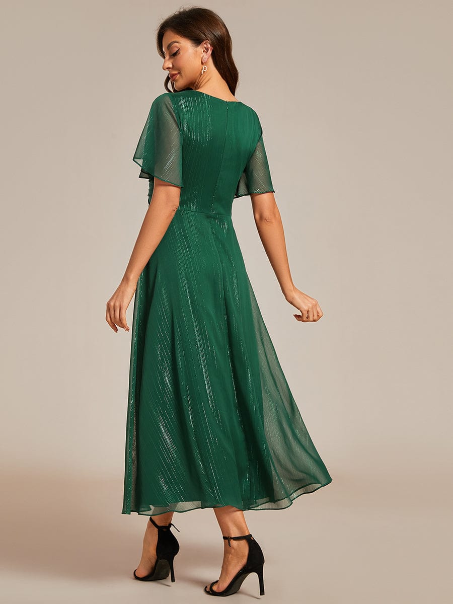 Shimmering Long Sleeve V-Neck Chiffon Twist Knot A-Line Evening Dress #color_Dark Green