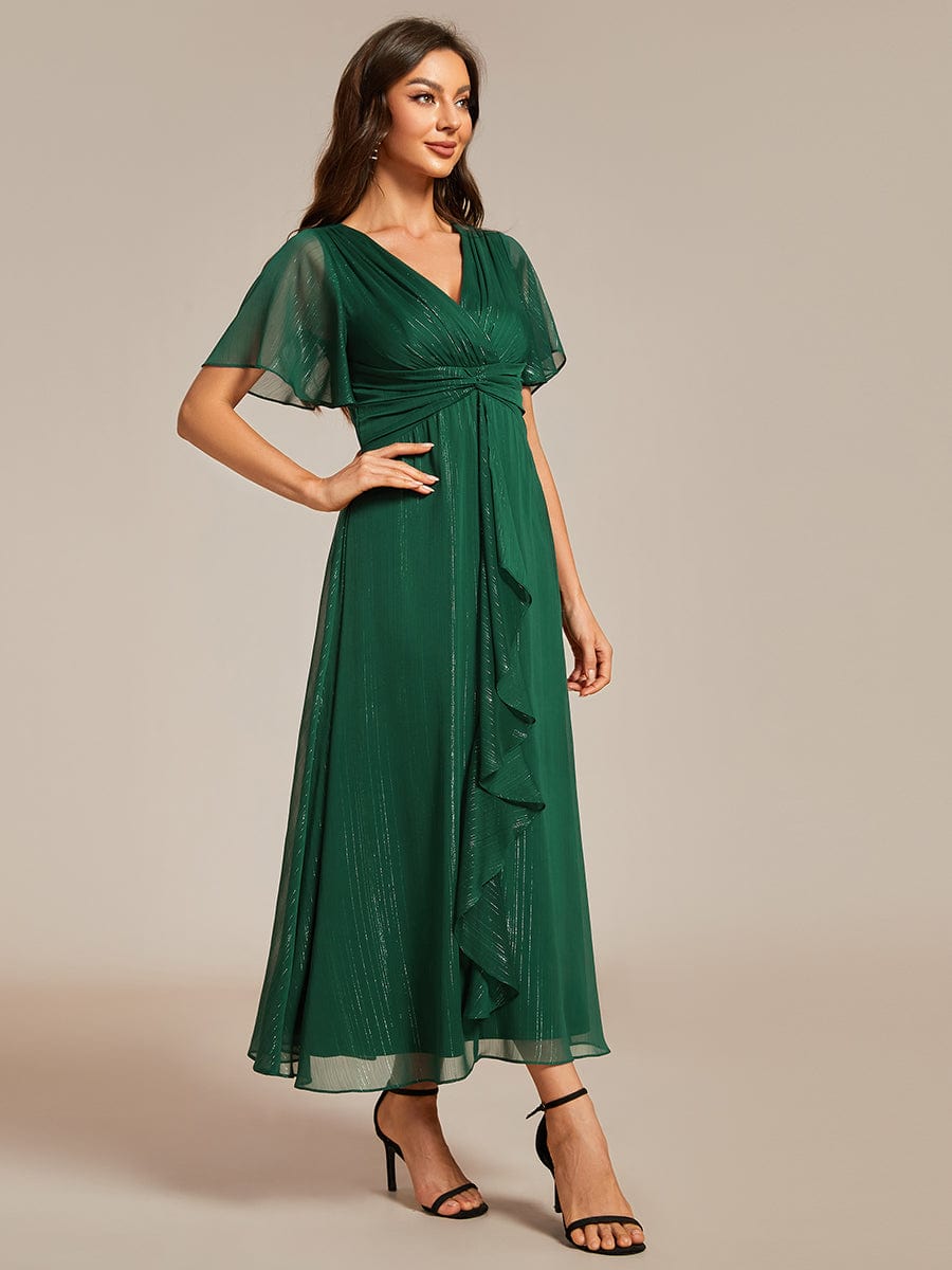 Shimmering Long Sleeve V-Neck Chiffon Twist Knot A-Line Evening Dress #color_Dark Green