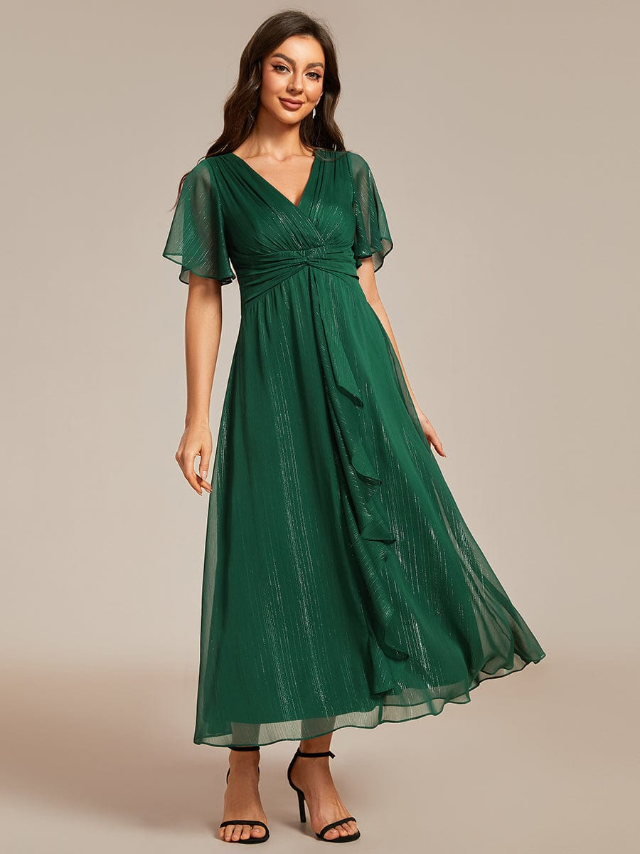 Shimmering Long Sleeve V-Neck Chiffon Twist Knot A-Line Evening Dress #color_Dark Green