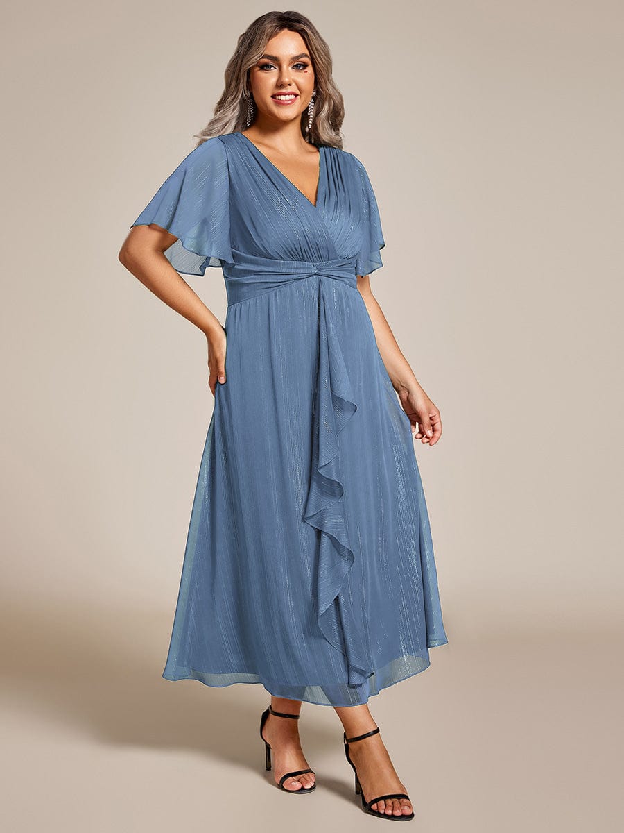 Plus Size Metallic Silver Fabric Short-Sleeved V-Neck A-Line Dress with Ruffled Hem #color_Dusty Navy