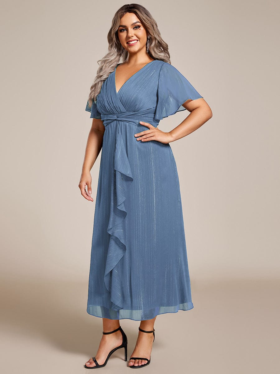 Plus Size Metallic Silver Fabric Short-Sleeved V-Neck A-Line Dress with Ruffled Hem #color_Dusty Navy