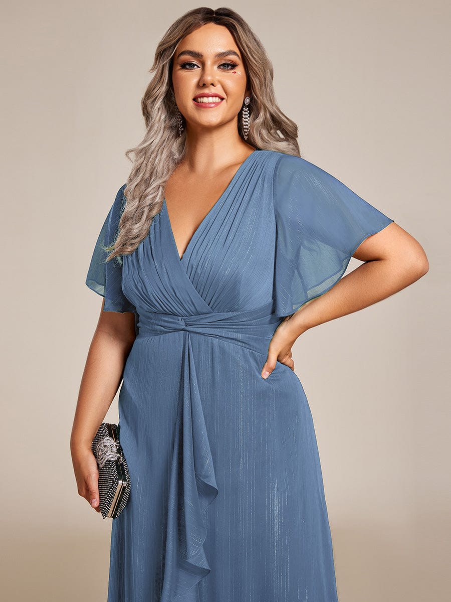 Metallic Silver Fabric Short-Sleeved V-Neck A-Line Dress with Ruffled Hem #color_Dusty Blue