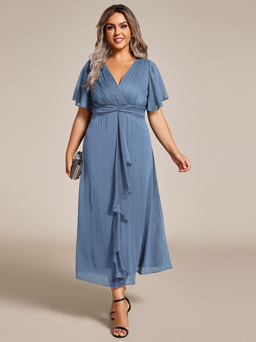 Plus Size Metallic Silver Fabric Short-Sleeved V-Neck A-Line Dress with Ruffled Hem #color_Dusty Navy