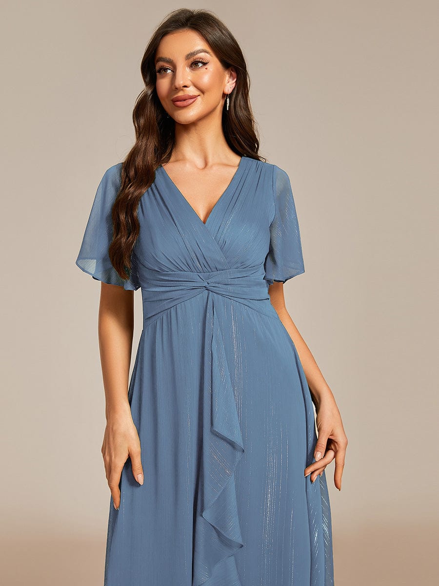 Metallic Silver Fabric Short-Sleeved V-Neck A-Line Dress with Ruffled Hem #color_Dusty Blue