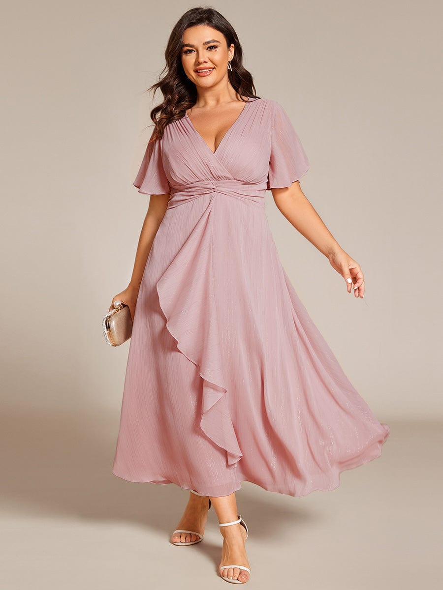 Plus Size Metallic Silver Fabric Short-Sleeved V-Neck A-Line Dress with Ruffled Hem #color_Dusty Rose