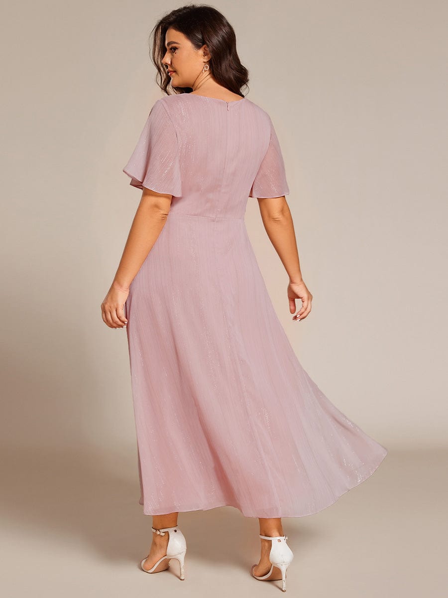 Plus Size Metallic Silver Fabric Short-Sleeved V-Neck A-Line Dress with Ruffled Hem #color_Dusty Rose