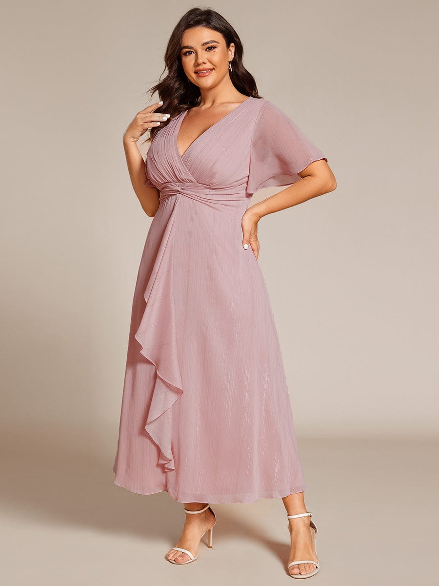 Plus Size Metallic Silver Fabric Short-Sleeved V-Neck A-Line Dress with Ruffled Hem #color_Dusty Rose