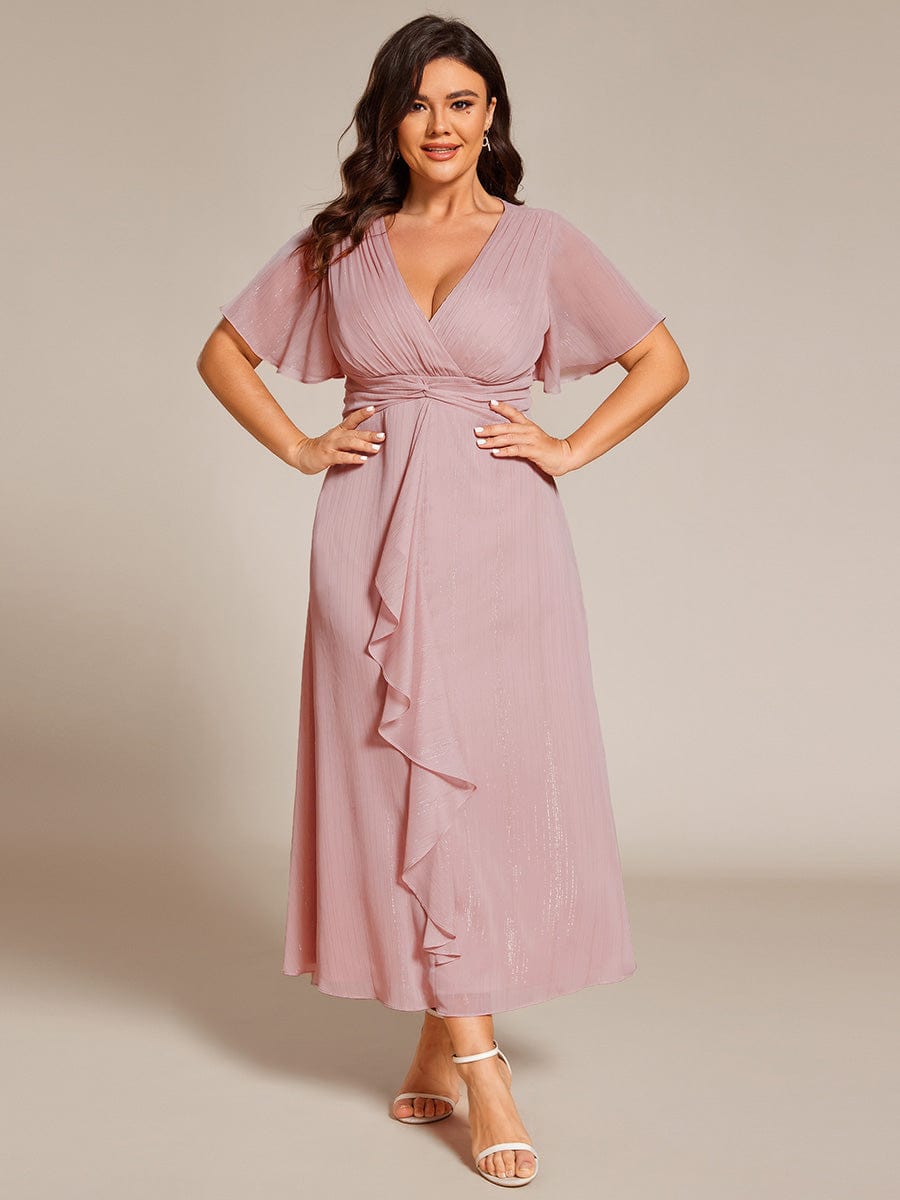 Plus Size Metallic Silver Fabric Short-Sleeved V-Neck A-Line Dress with Ruffled Hem #color_Dusty Rose