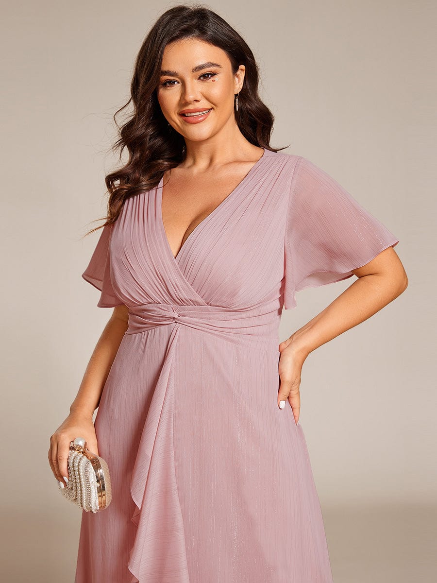 Plus Size Metallic Silver Fabric Short-Sleeved V-Neck A-Line Dress with Ruffled Hem #color_Dusty Rose