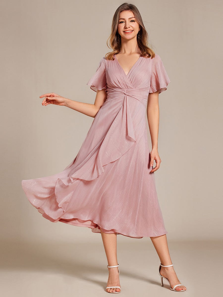 Shimmering Long Sleeve V-Neck Chiffon Twist Knot A-Line Evening Dress #color_Dusty Rose