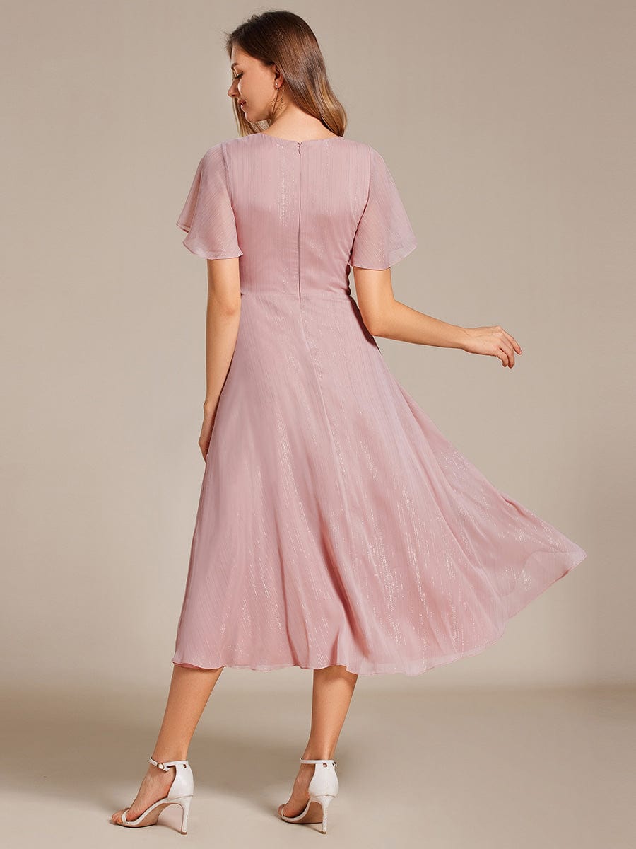 Shimmering Long Sleeve V-Neck Chiffon Twist Knot A-Line Evening Dress #color_Dusty Rose