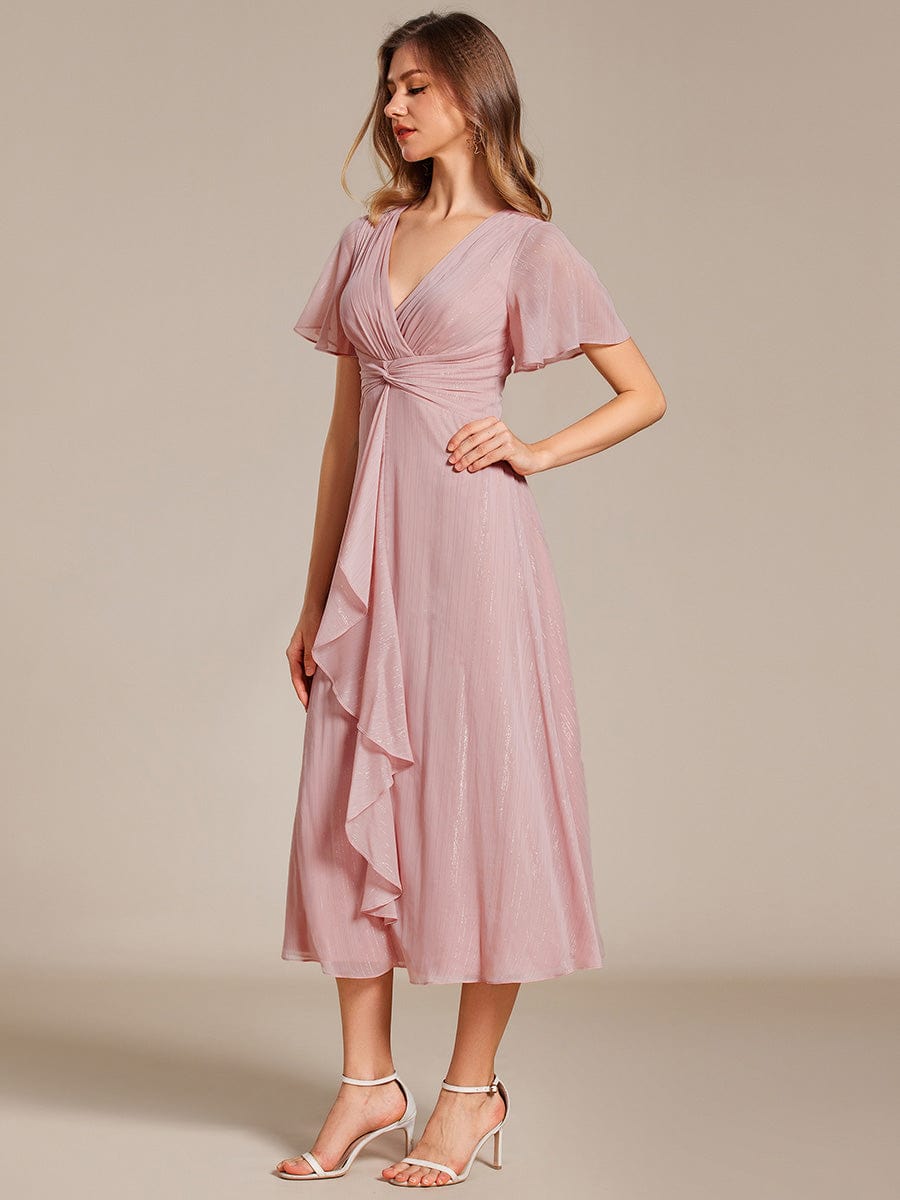 Shimmering Long Sleeve V-Neck Chiffon Twist Knot A-Line Evening Dress #color_Dusty Rose